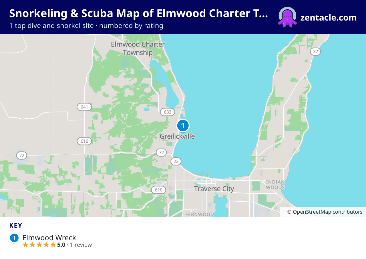 Snorkeling & Scuba Map of Elmwood Charter Township: numbered map of the top 1 dive and snorkel sites, with ratings