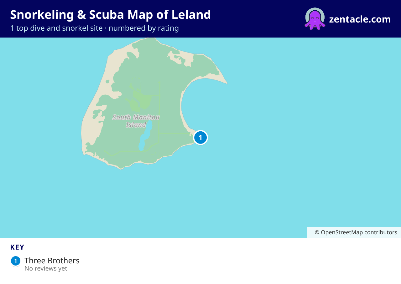 Snorkeling & Scuba Map of Leland: numbered map of the top 1 dive and snorkel sites, with ratings