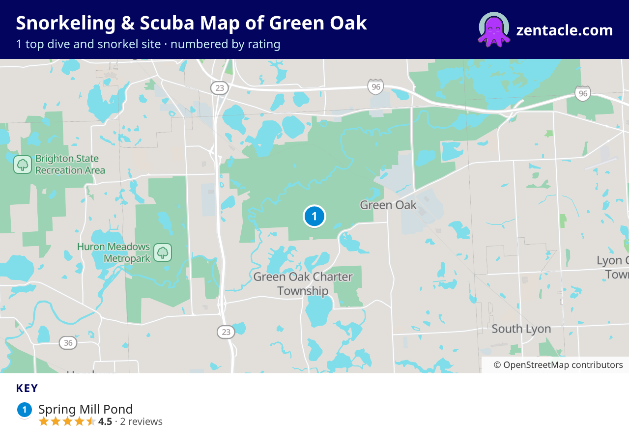 Snorkeling & Scuba Map of Green Oak: numbered map of the top 1 dive and snorkel sites, with ratings