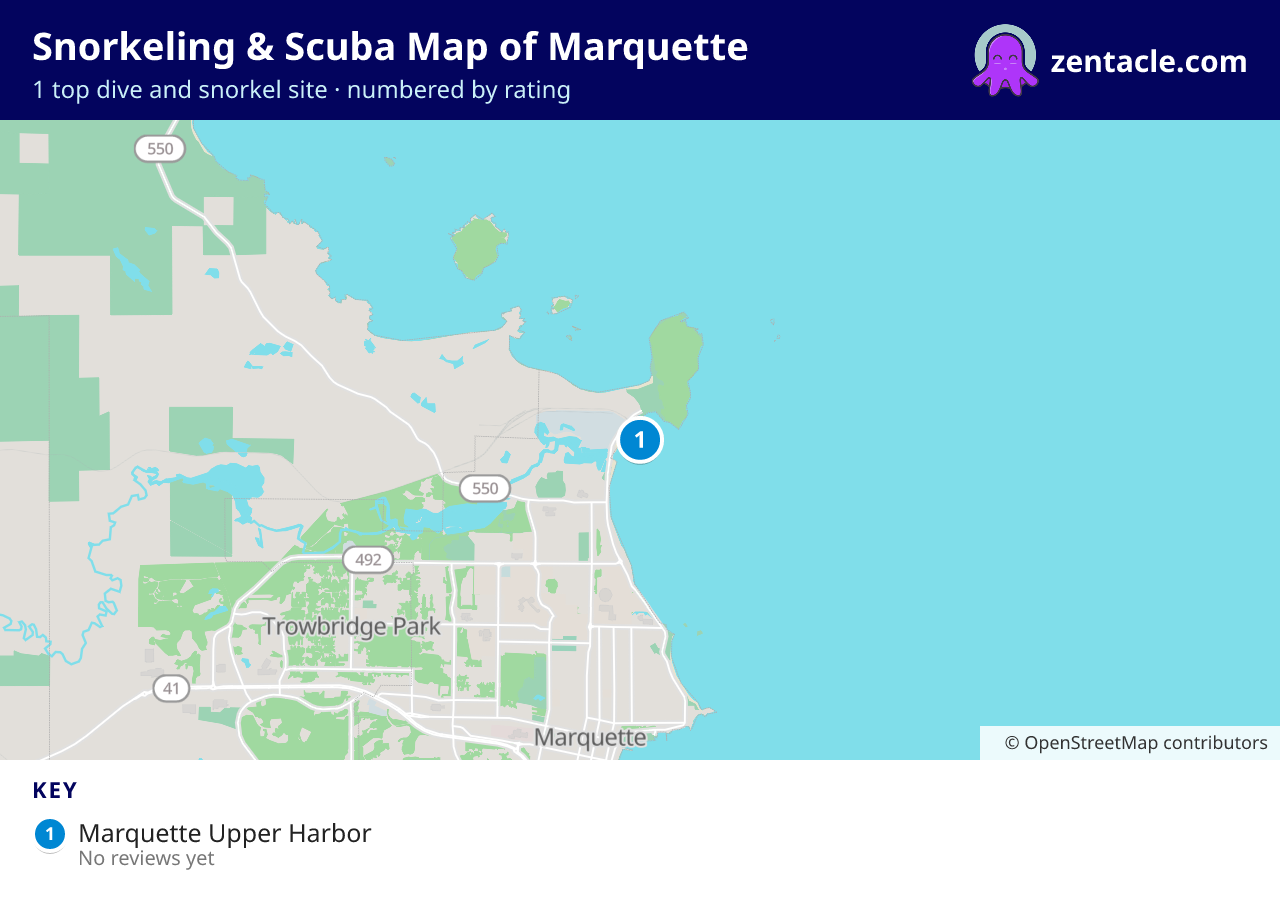 Snorkeling & Scuba Map of Marquette: numbered map of the top 1 dive and snorkel sites, with ratings