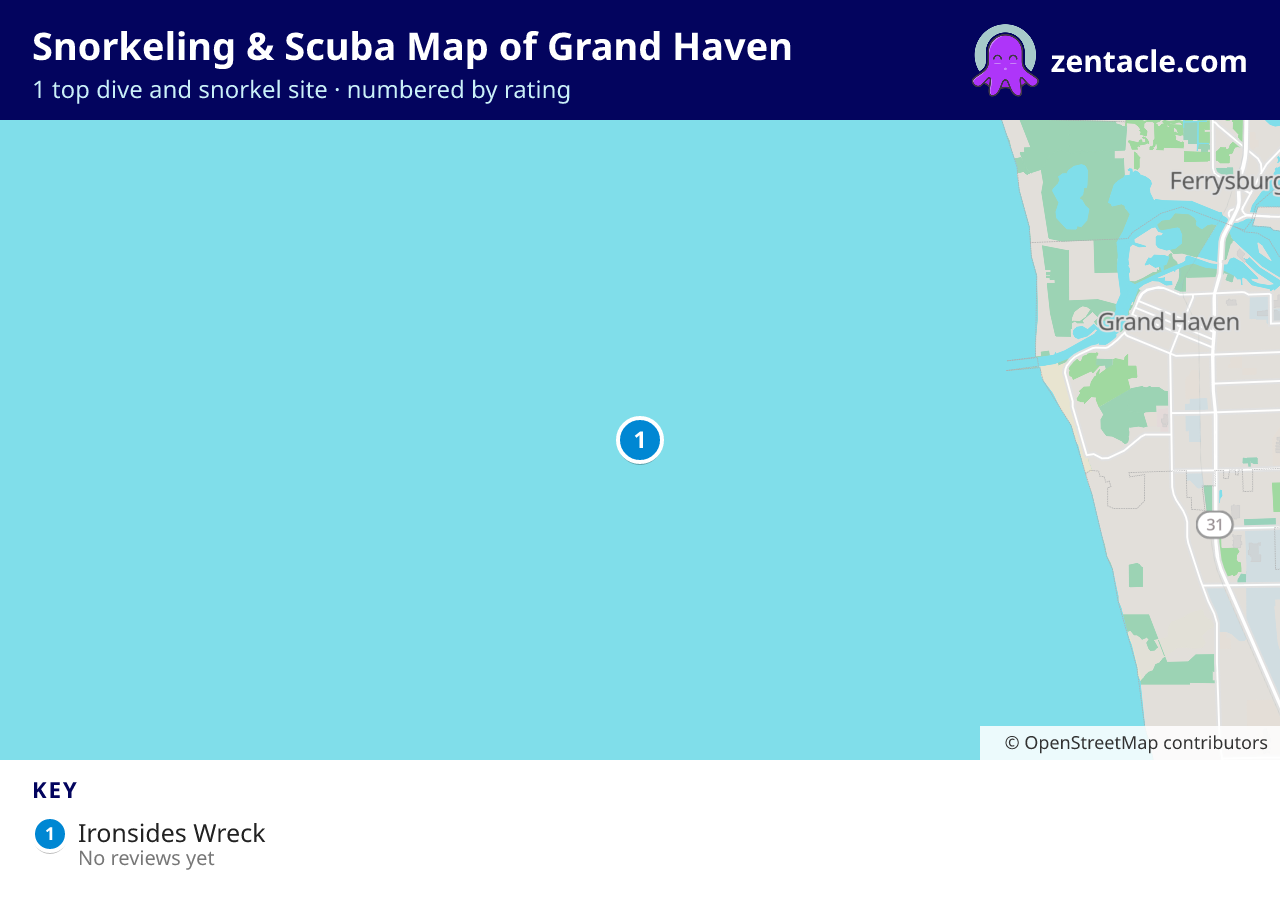 Snorkeling & Scuba Map of Grand Haven: numbered map of the top 1 dive and snorkel sites, with ratings