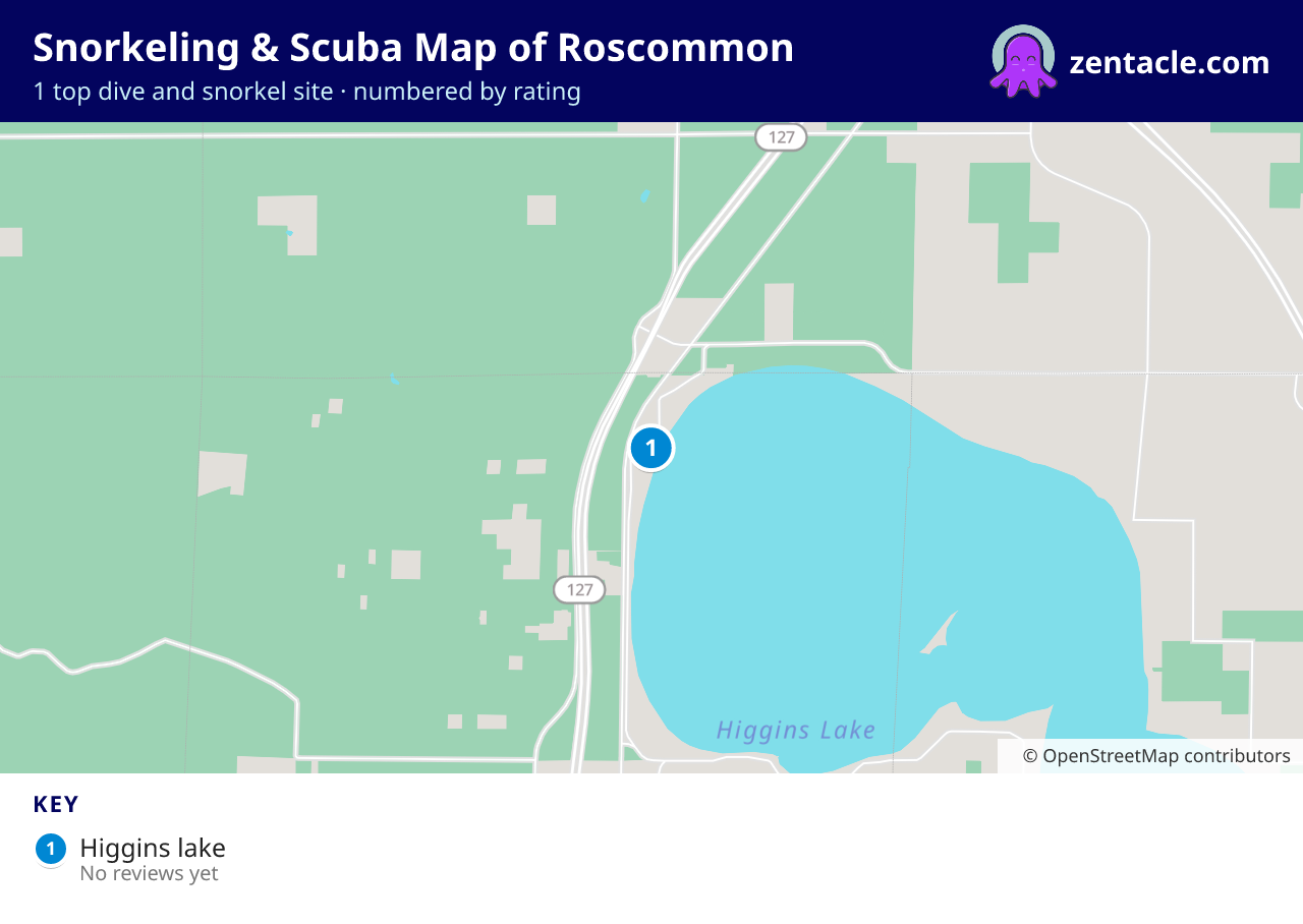 Snorkeling & Scuba Map of Roscommon: numbered map of the top 1 dive and snorkel sites, with ratings