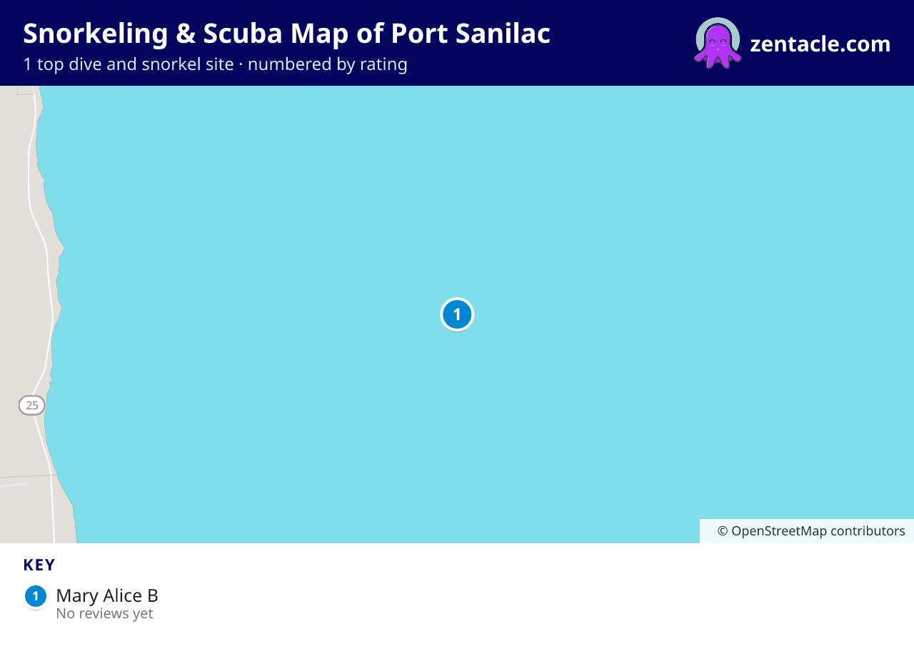 Snorkeling & Scuba Map of Port Sanilac: numbered map of the top 1 dive and snorkel sites, with ratings