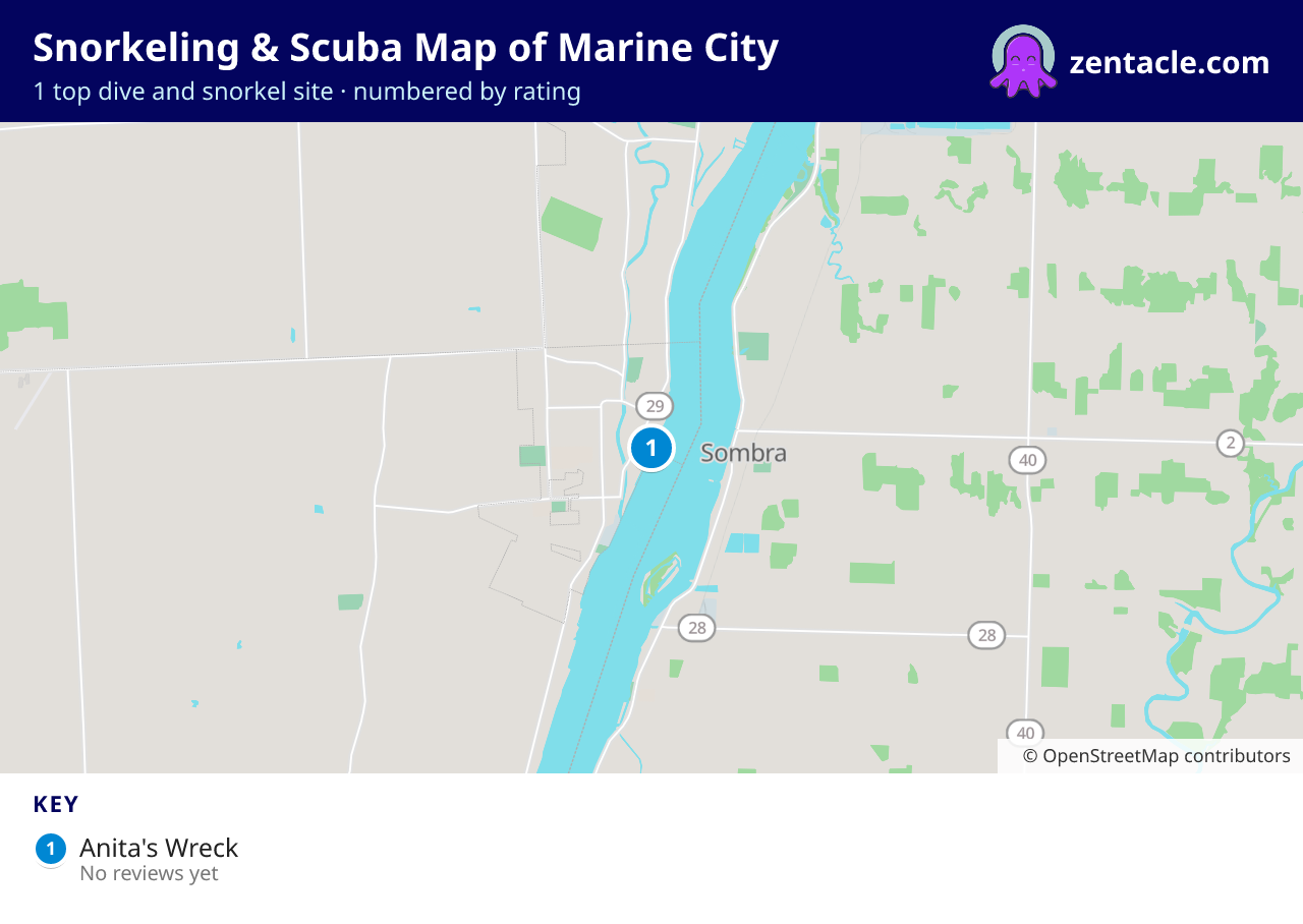 Snorkeling & Scuba Map of Marine City: numbered map of the top 1 dive and snorkel sites, with ratings