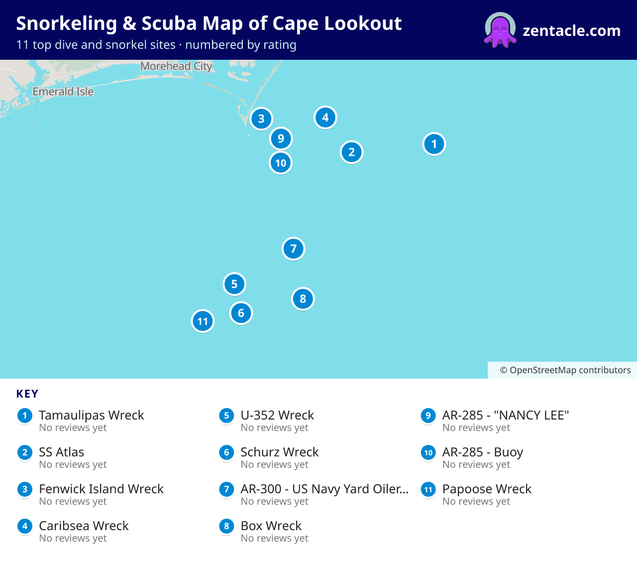 Snorkeling & Scuba Map of Cape Lookout: numbered map of the top 11 dive and snorkel sites, with ratings