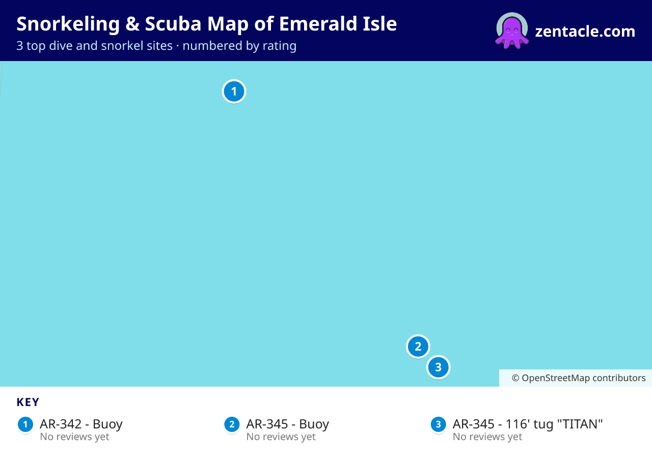 Snorkeling & Scuba Map of Emerald Isle: numbered map of the top 3 dive and snorkel sites, with ratings