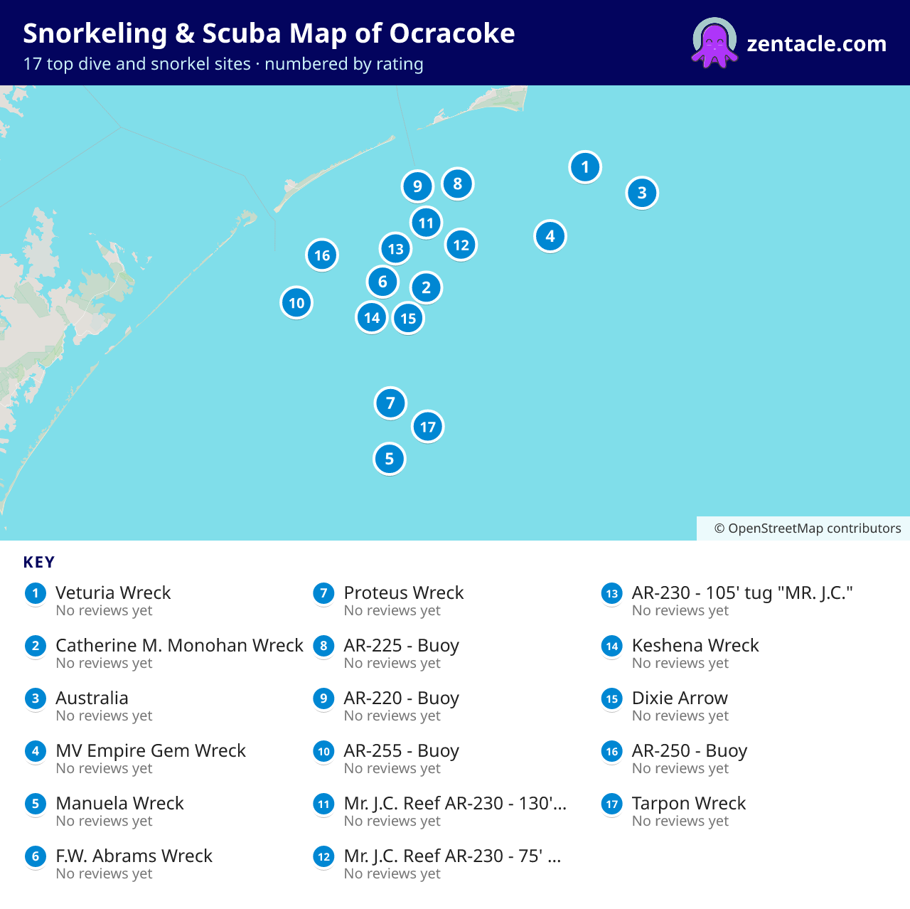 Snorkeling & Scuba Map of Ocracoke: numbered map of the top 17 dive and snorkel sites, with ratings