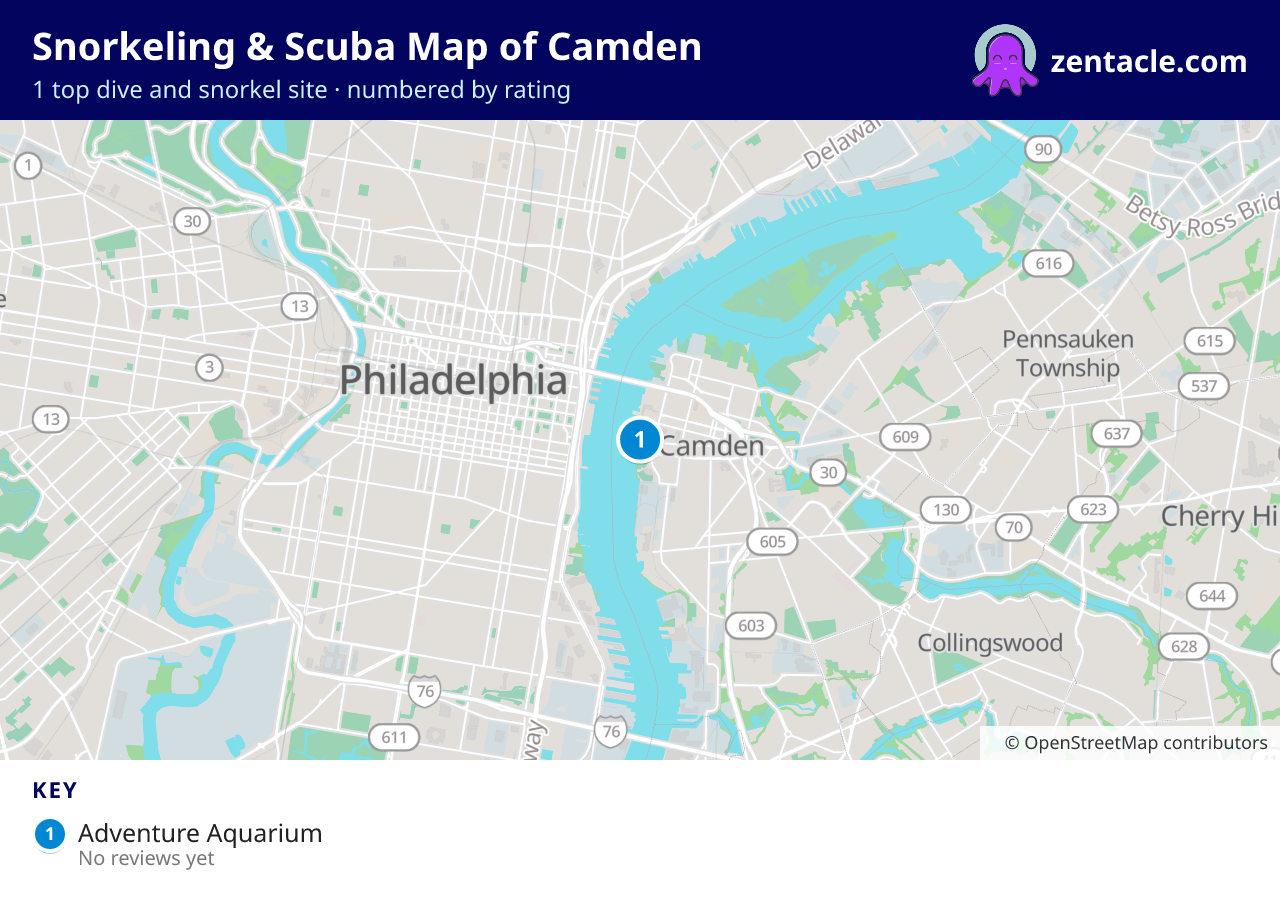Snorkeling & Scuba Map of Camden: numbered map of the top 1 dive and snorkel sites, with ratings