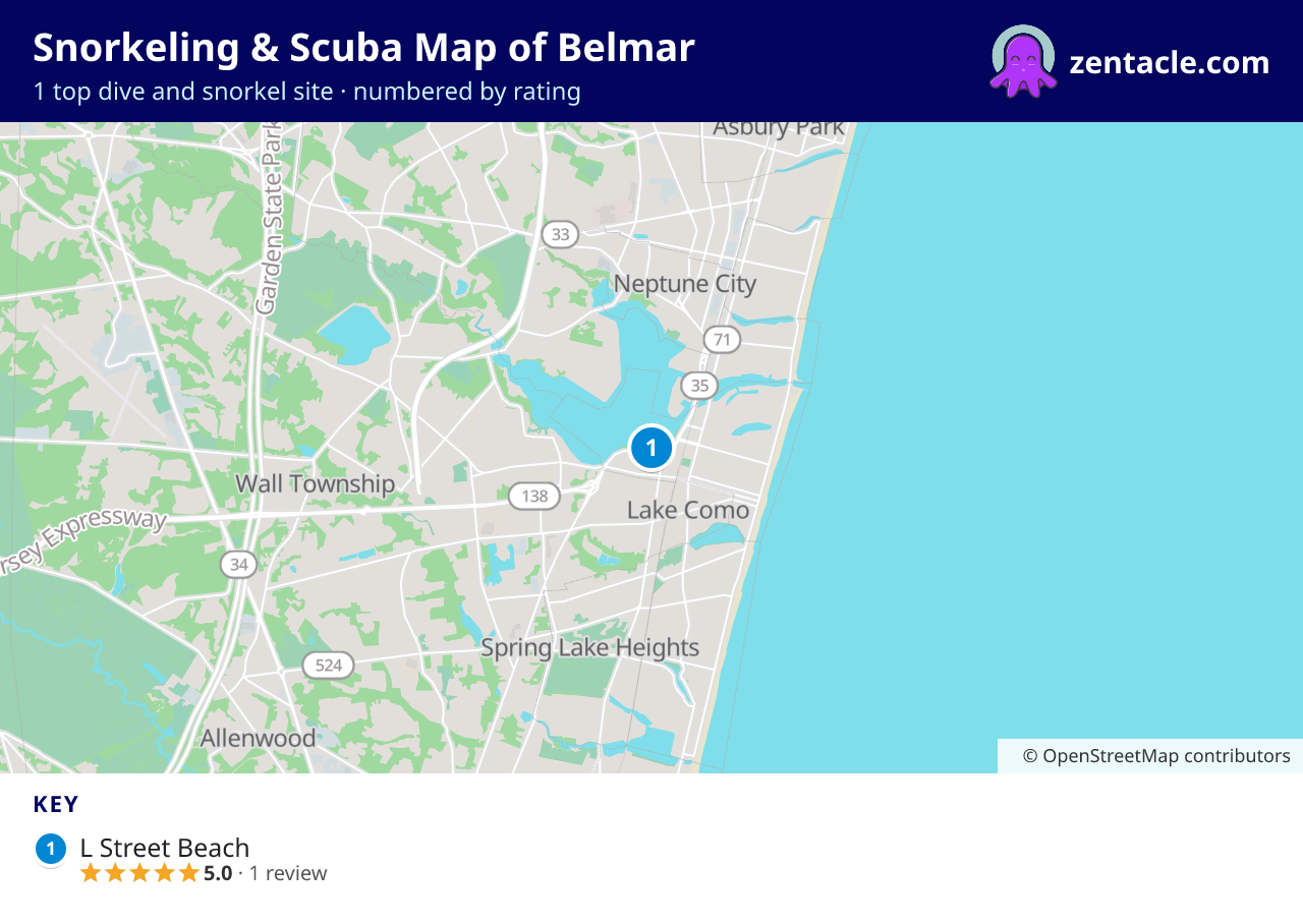 Snorkeling & Scuba Map of Belmar: numbered map of the top 1 dive and snorkel sites, with ratings
