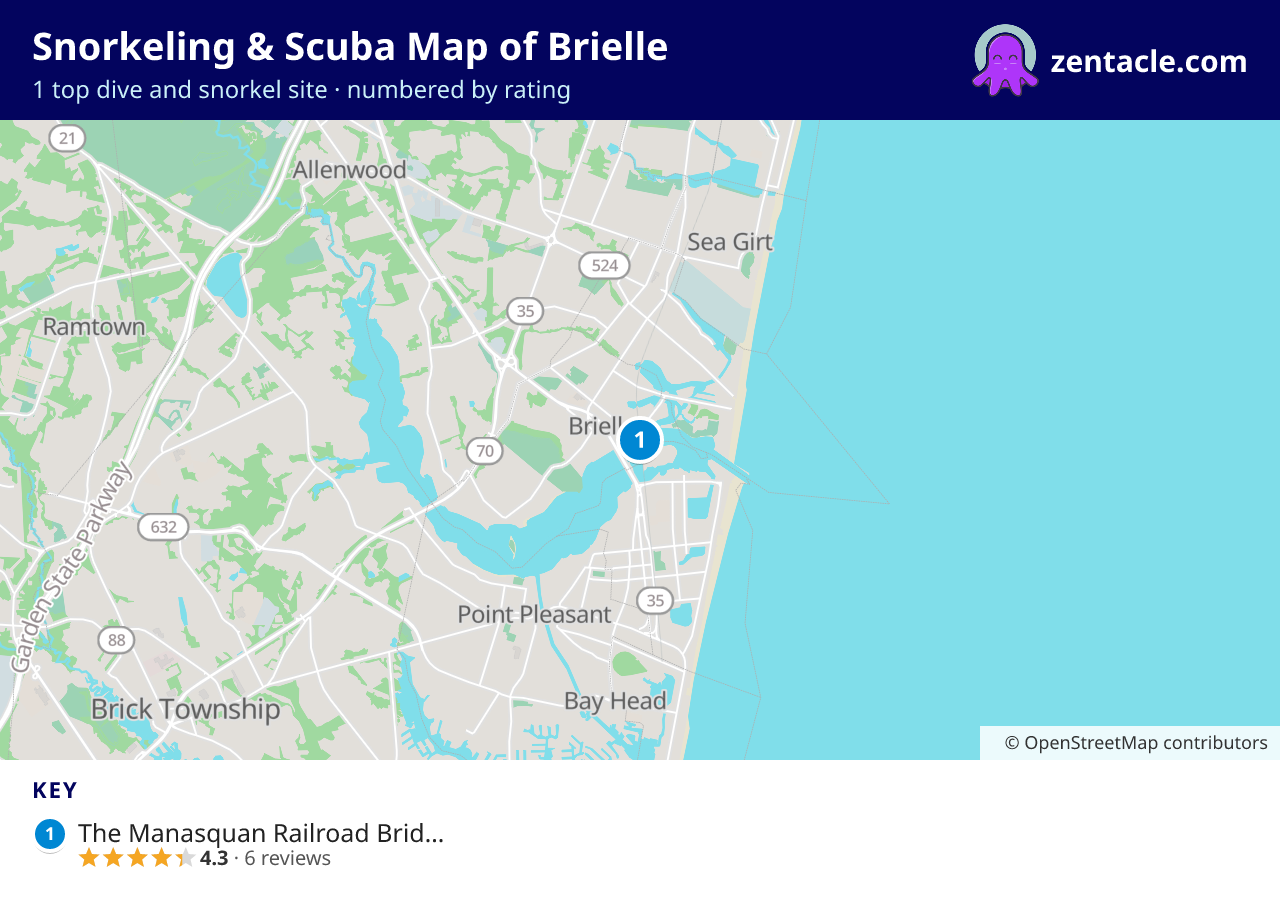 Snorkeling & Scuba Map of Brielle: numbered map of the top 1 dive and snorkel sites, with ratings