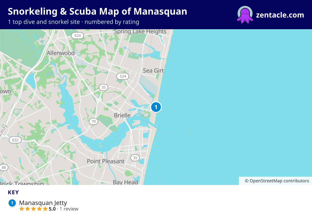 Snorkeling & Scuba Map of Manasquan: numbered map of the top 1 dive and snorkel sites, with ratings