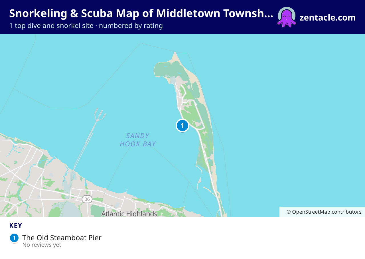 Snorkeling & Scuba Map of Middletown Township: numbered map of the top 1 dive and snorkel sites, with ratings