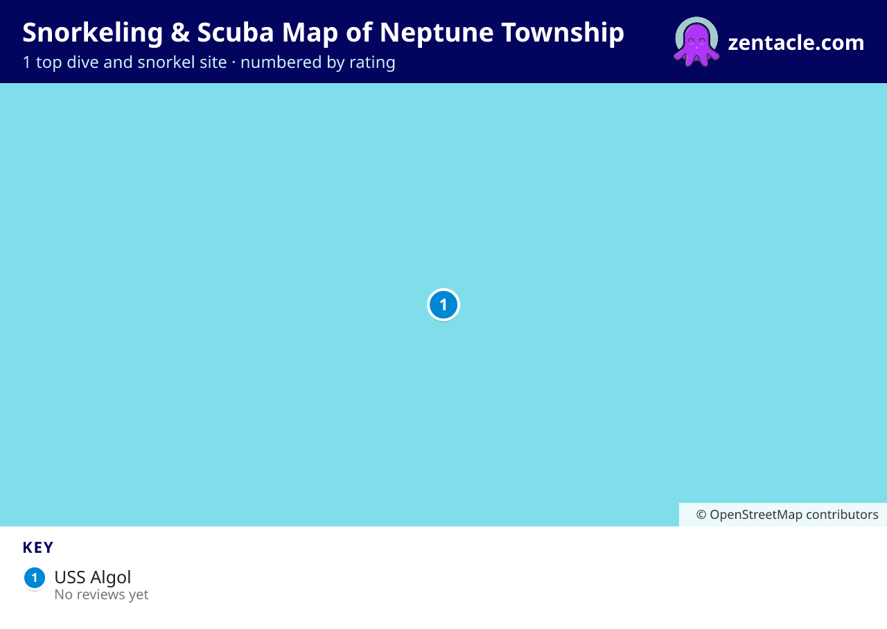 Snorkeling & Scuba Map of Neptune Township: numbered map of the top 1 dive and snorkel sites, with ratings
