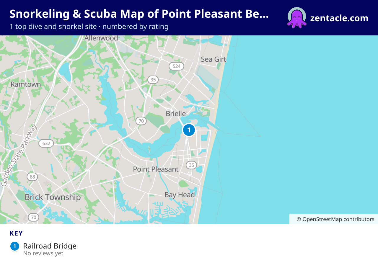 Snorkeling & Scuba Map of Point Pleasant Beach: numbered map of the top 1 dive and snorkel sites, with ratings