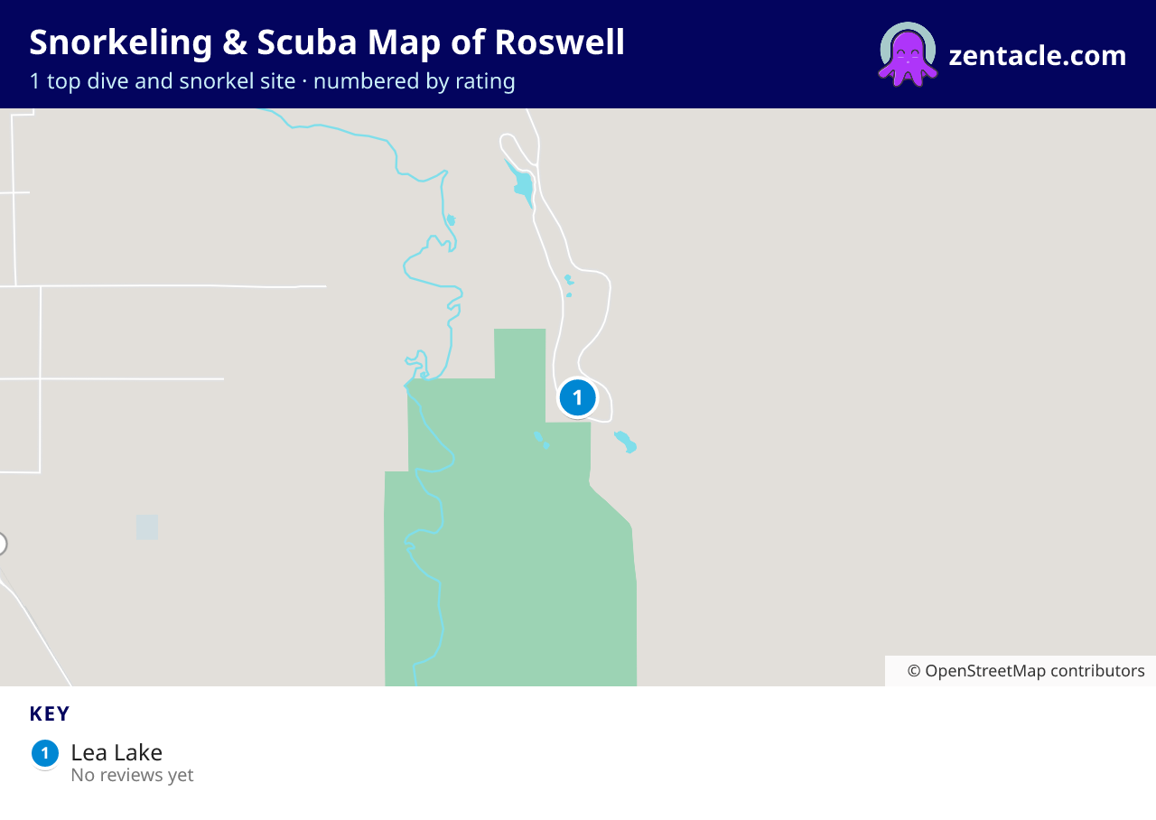 Snorkeling & Scuba Map of Roswell: numbered map of the top 1 dive and snorkel sites, with ratings