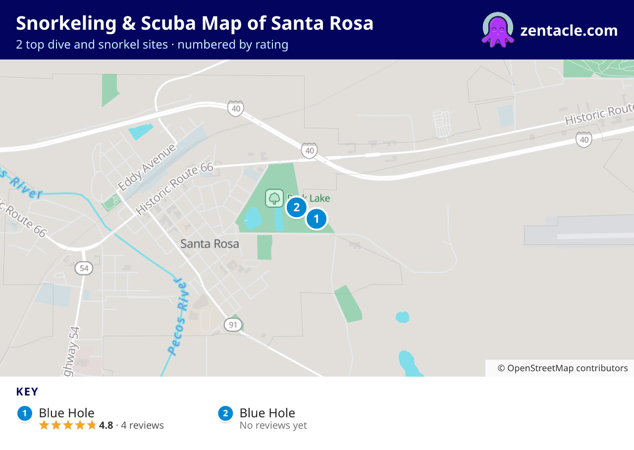 Snorkeling & Scuba Map of Santa Rosa: numbered map of the top 2 dive and snorkel sites, with ratings