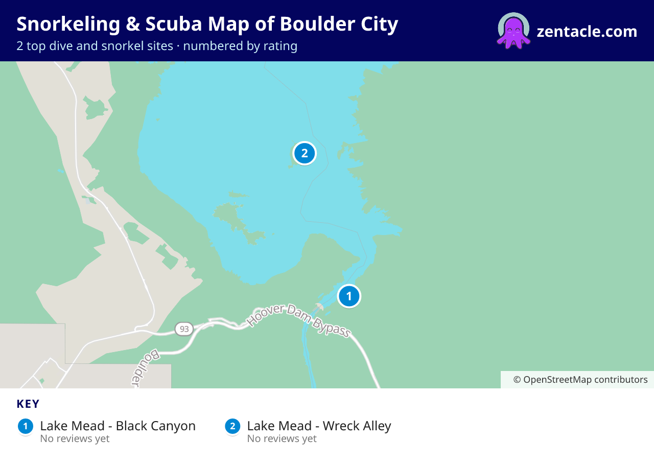 Snorkeling & Scuba Map of Boulder City: numbered map of the top 2 dive and snorkel sites, with ratings