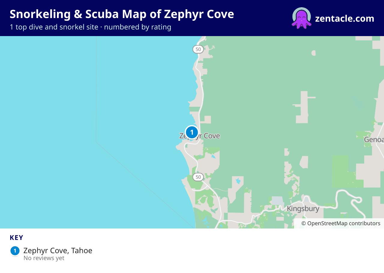 Snorkeling & Scuba Map of Zephyr Cove: numbered map of the top 1 dive and snorkel sites, with ratings