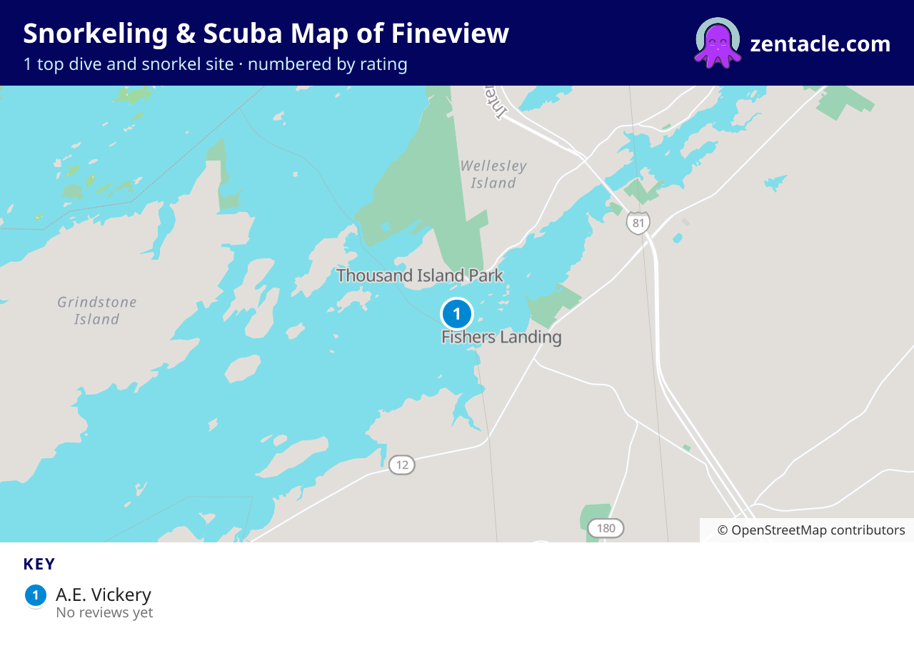 Snorkeling & Scuba Map of Fineview: numbered map of the top 1 dive and snorkel sites, with ratings
