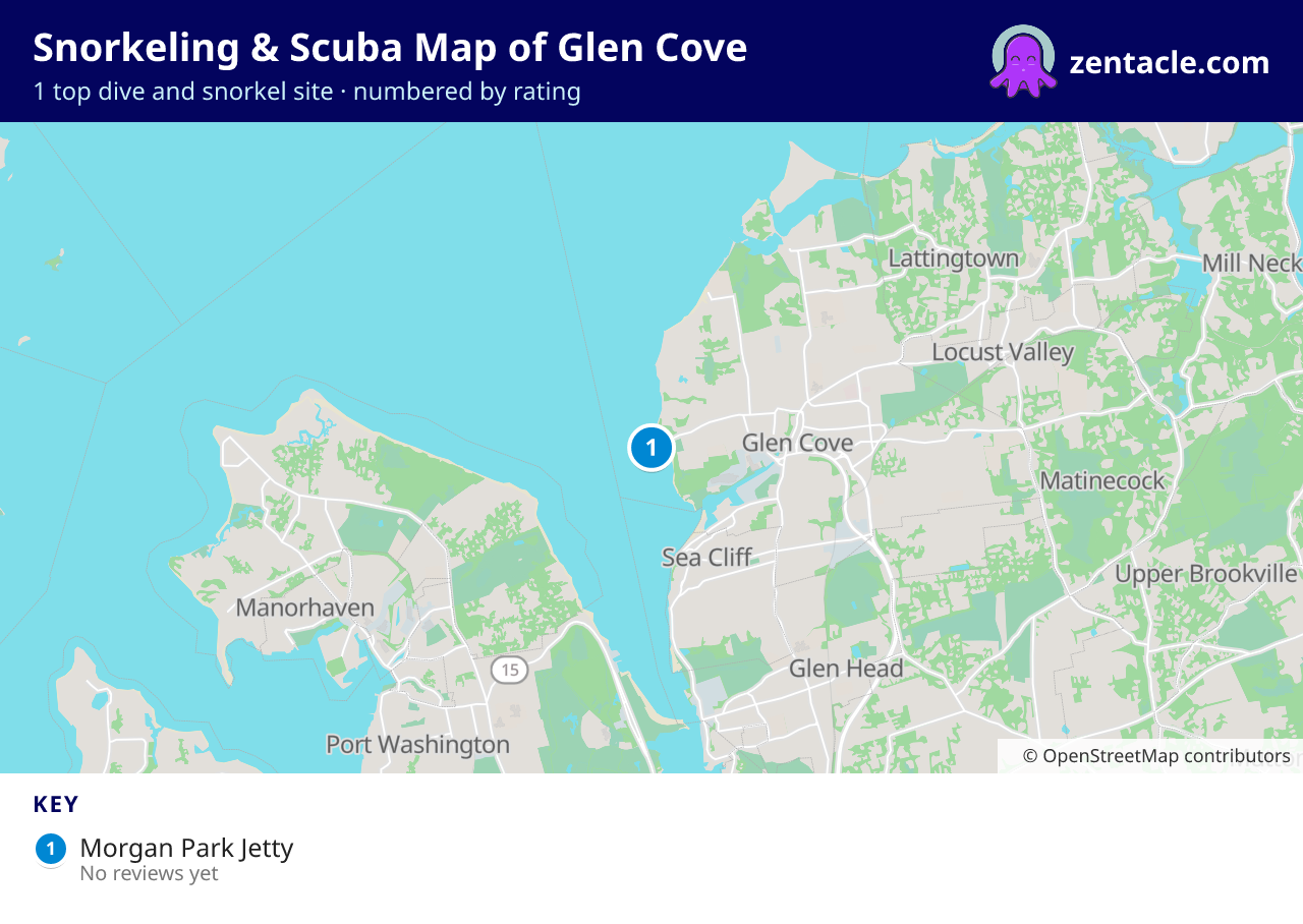 Snorkeling & Scuba Map of Glen Cove: numbered map of the top 1 dive and snorkel sites, with ratings