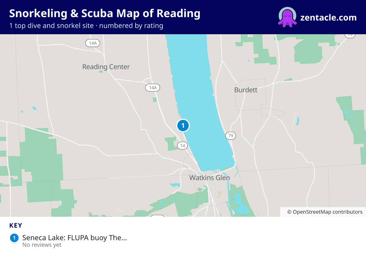 Snorkeling & Scuba Map of Reading: numbered map of the top 1 dive and snorkel sites, with ratings