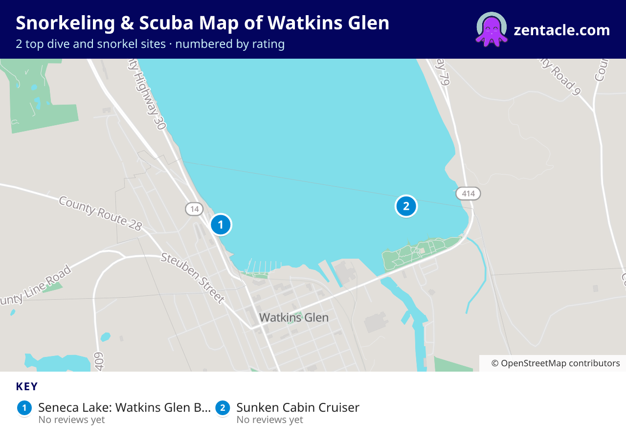 Snorkeling & Scuba Map of Watkins Glen: numbered map of the top 2 dive and snorkel sites, with ratings