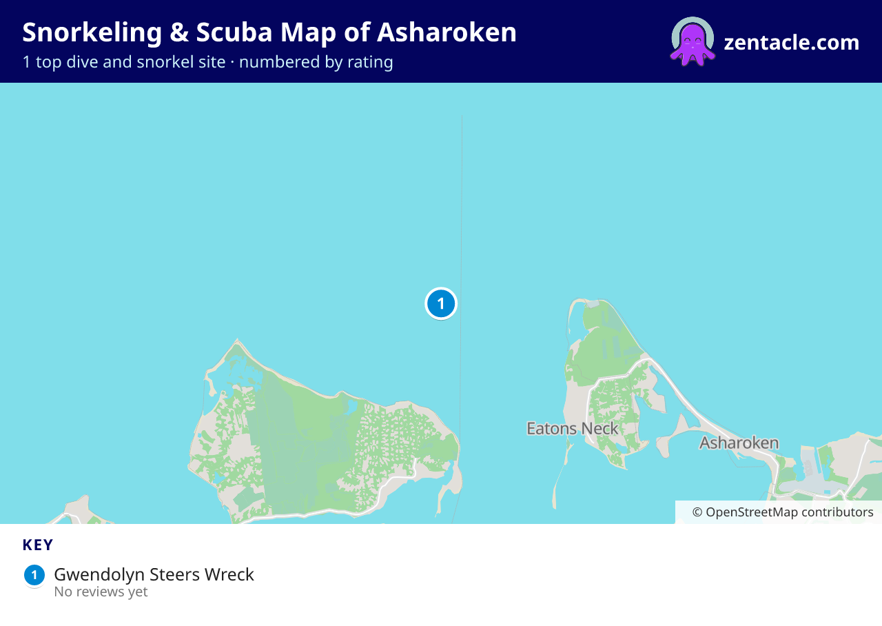 Snorkeling & Scuba Map of Asharoken: numbered map of the top 1 dive and snorkel sites, with ratings