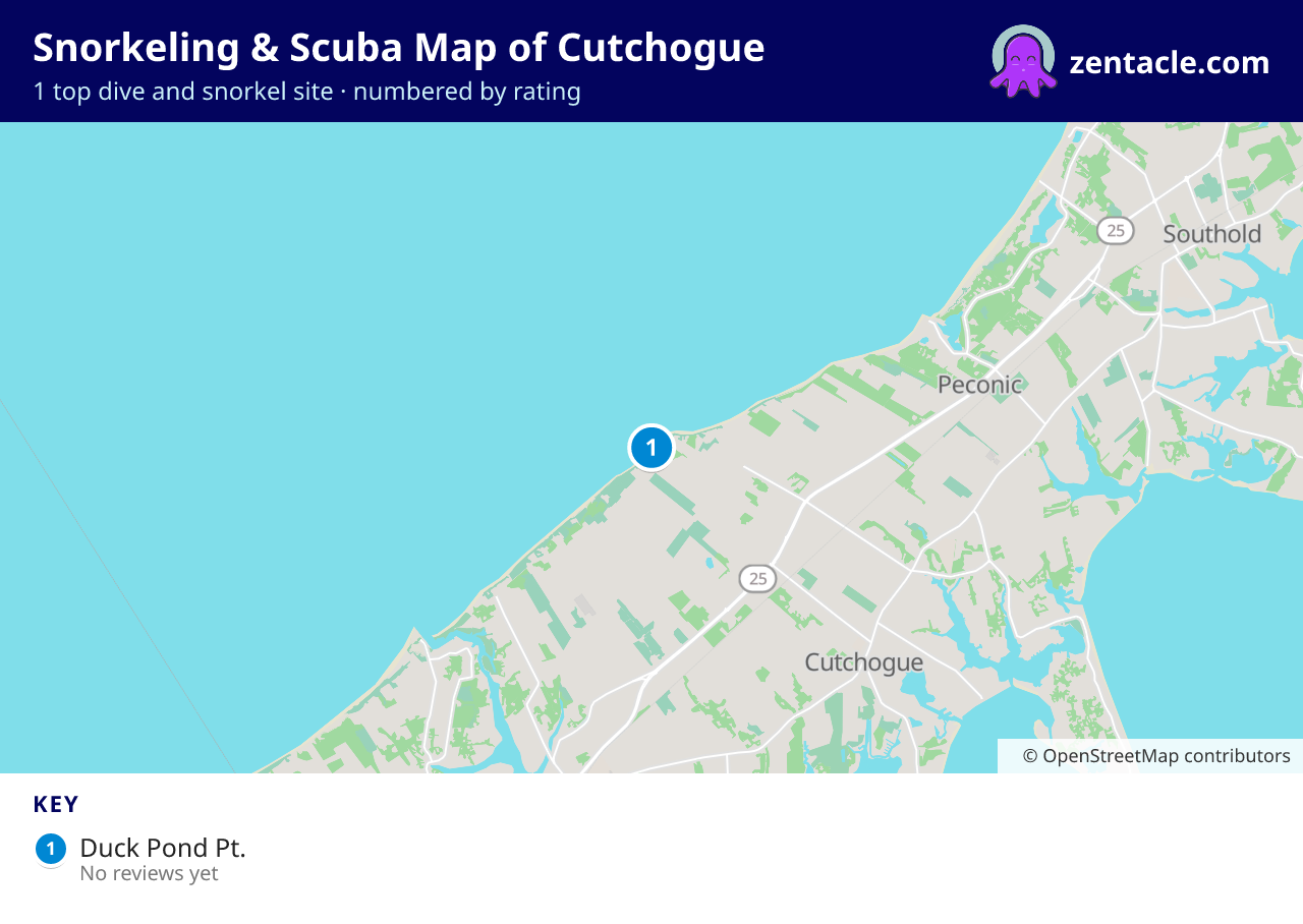 Snorkeling & Scuba Map of Cutchogue: numbered map of the top 1 dive and snorkel sites, with ratings