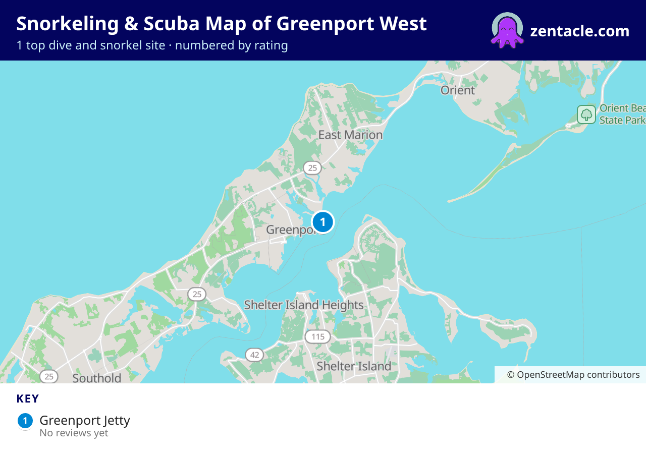 Snorkeling & Scuba Map of Greenport West: numbered map of the top 1 dive and snorkel sites, with ratings