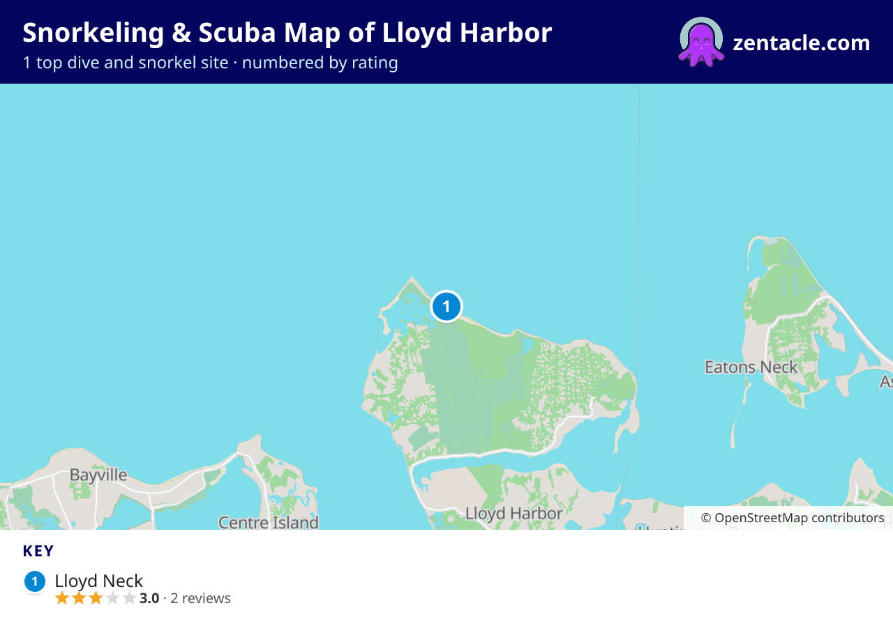 Snorkeling & Scuba Map of Lloyd Harbor: numbered map of the top 1 dive and snorkel sites, with ratings