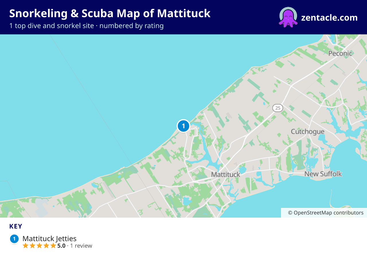 Snorkeling & Scuba Map of Mattituck: numbered map of the top 1 dive and snorkel sites, with ratings