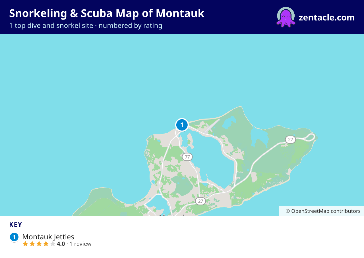 Snorkeling & Scuba Map of Montauk: numbered map of the top 1 dive and snorkel sites, with ratings