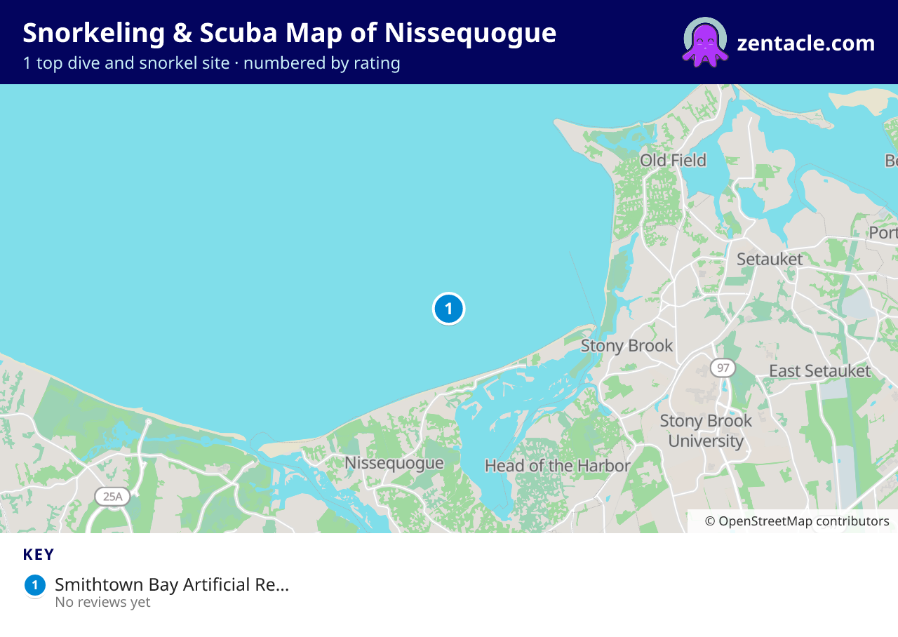 Snorkeling & Scuba Map of Nissequogue: numbered map of the top 1 dive and snorkel sites, with ratings