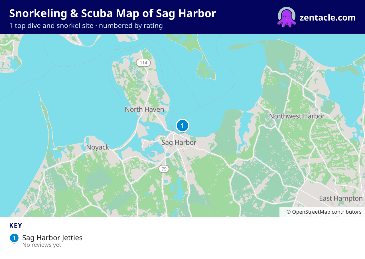 Snorkeling & Scuba Map of Sag Harbor: numbered map of the top 1 dive and snorkel sites, with ratings