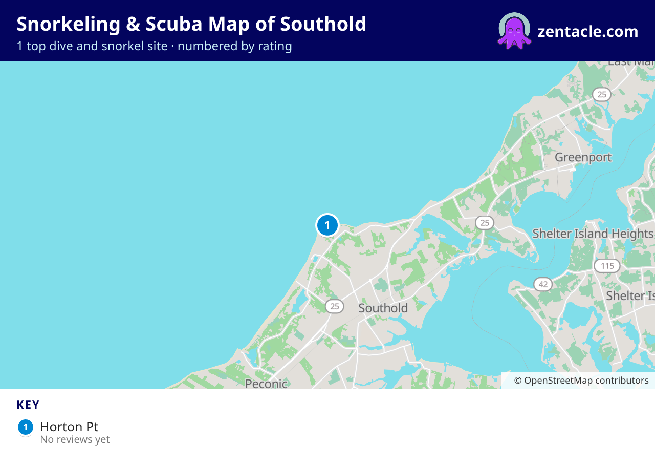 Snorkeling & Scuba Map of Southold: numbered map of the top 1 dive and snorkel sites, with ratings