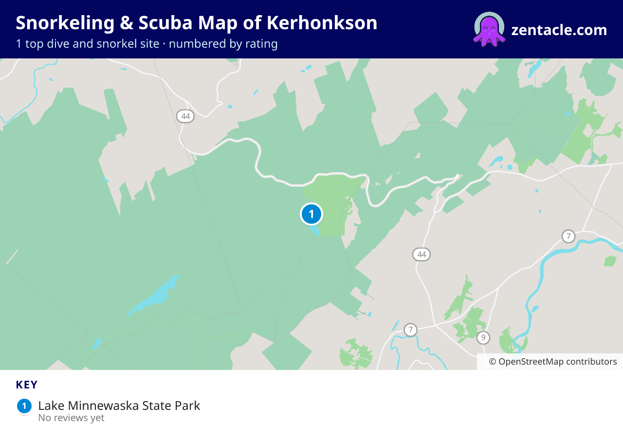Snorkeling & Scuba Map of Kerhonkson: numbered map of the top 1 dive and snorkel sites, with ratings
