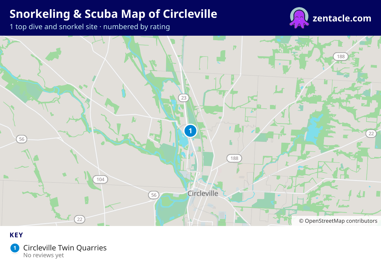 Snorkeling & Scuba Map of Circleville: numbered map of the top 1 dive and snorkel sites, with ratings
