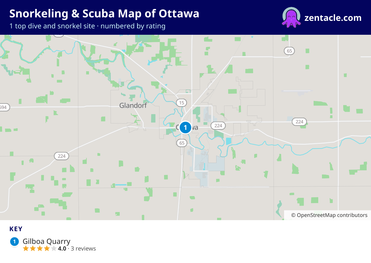 Snorkeling & Scuba Map of Ottawa: numbered map of the top 1 dive and snorkel sites, with ratings