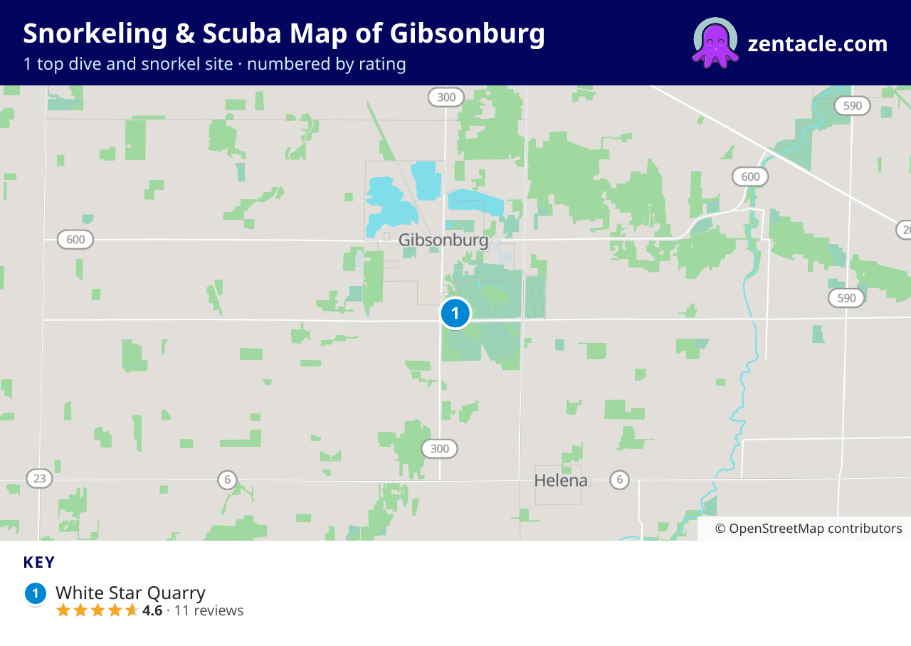 Snorkeling & Scuba Map of Gibsonburg: numbered map of the top 1 dive and snorkel sites, with ratings