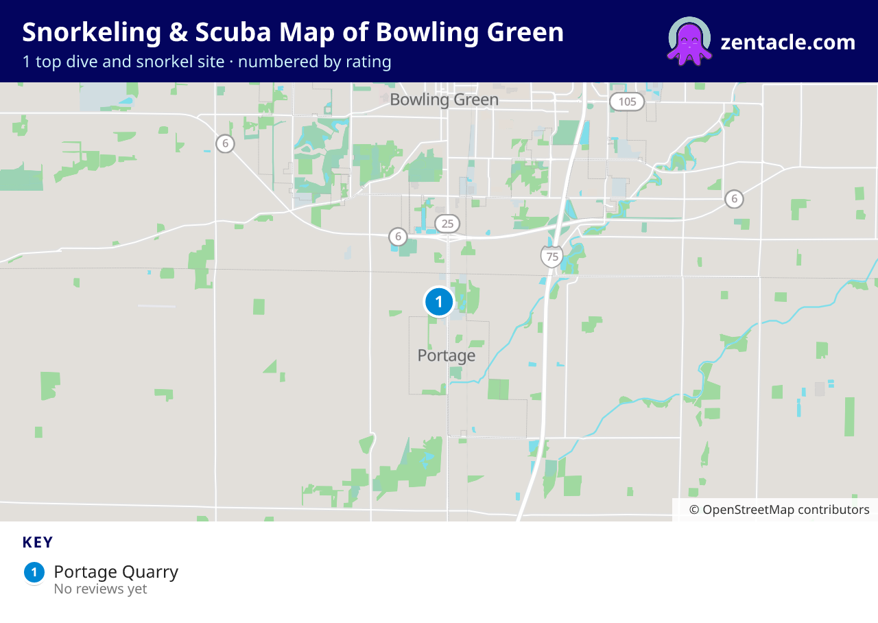 Snorkeling & Scuba Map of Bowling Green: numbered map of the top 1 dive and snorkel sites, with ratings