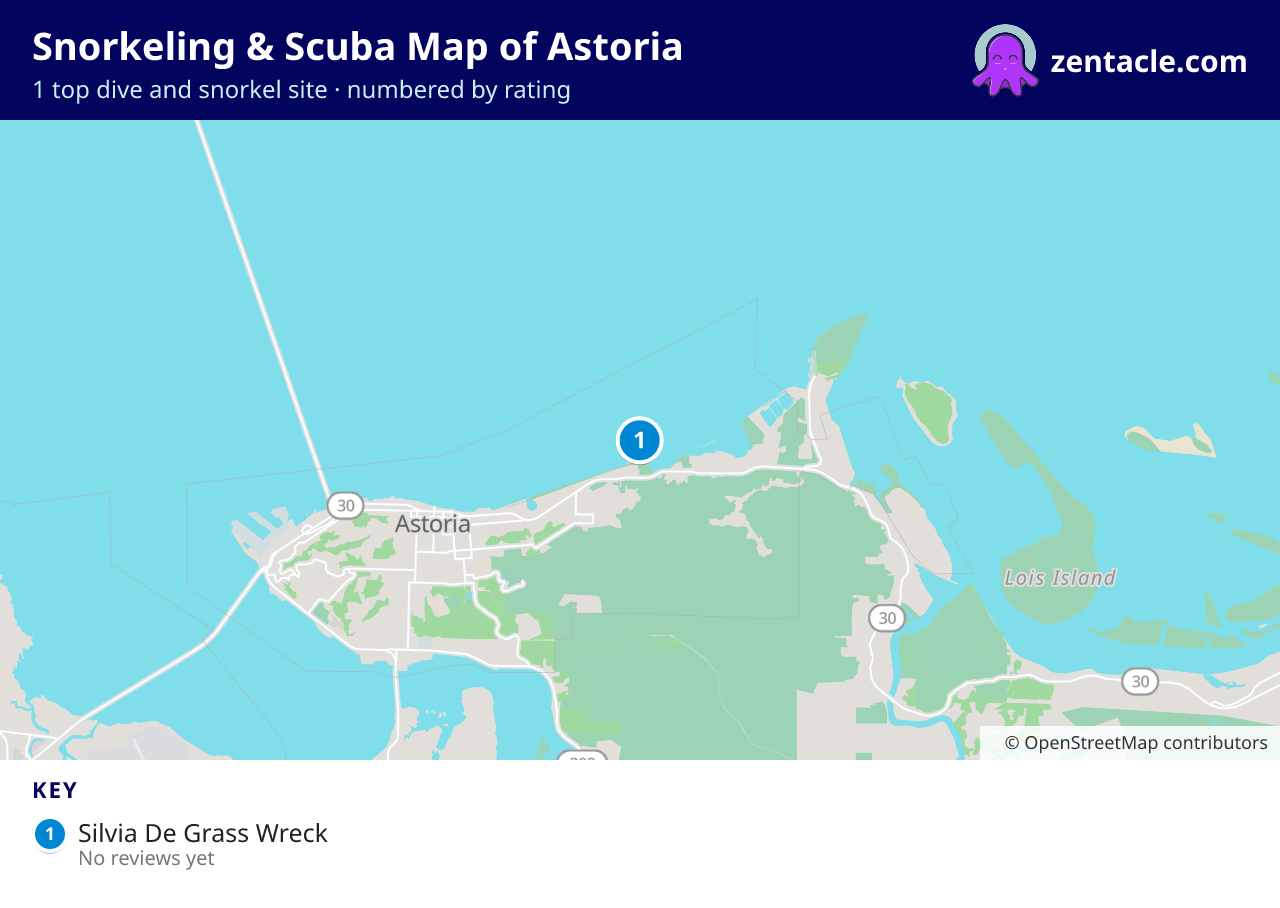 Snorkeling & Scuba Map of Astoria: numbered map of the top 1 dive and snorkel sites, with ratings