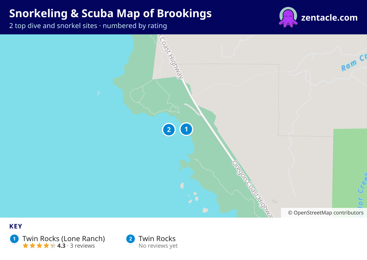 Snorkeling & Scuba Map of Brookings: numbered map of the top 2 dive and snorkel sites, with ratings
