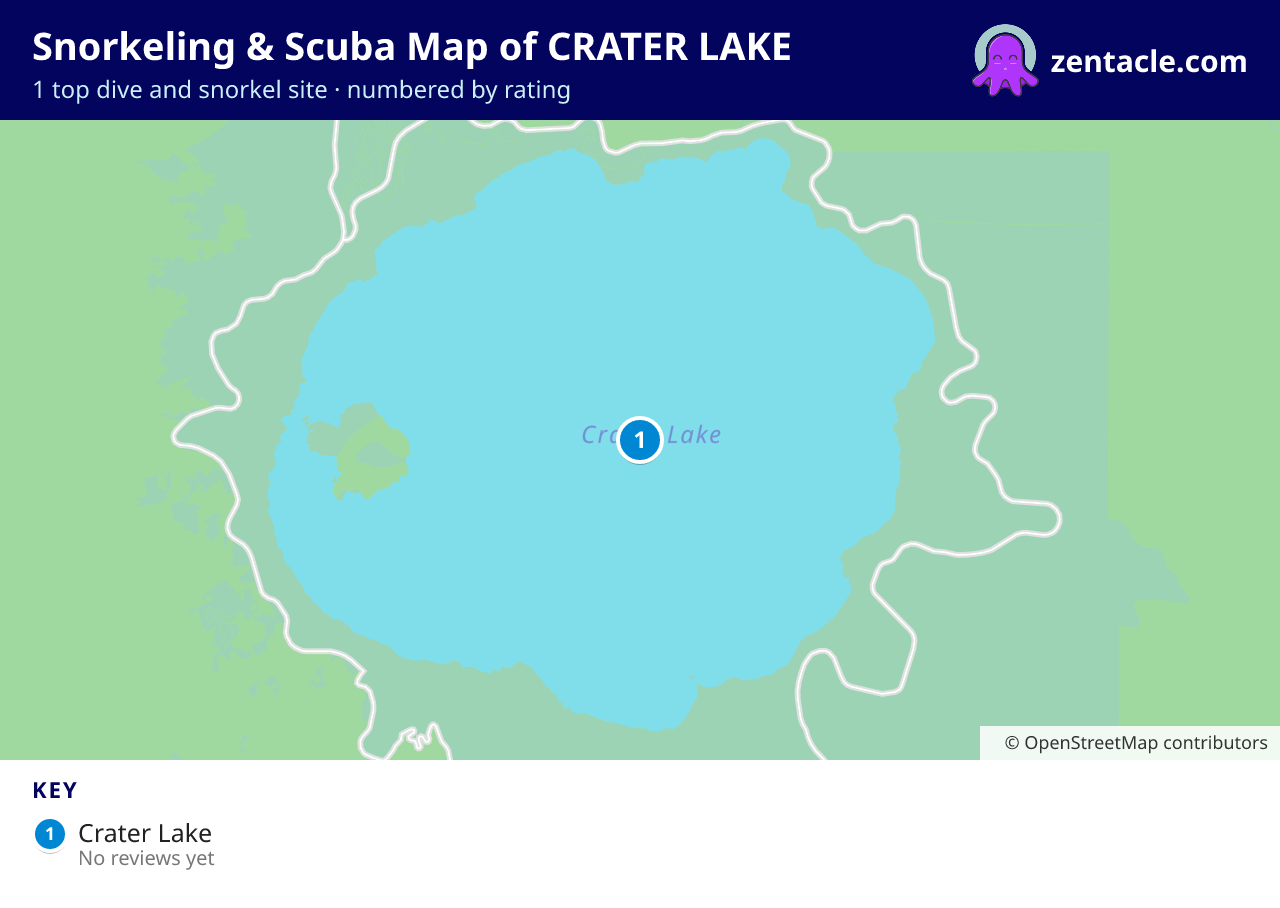 Snorkeling & Scuba Map of CRATER LAKE: numbered map of the top 1 dive and snorkel sites, with ratings