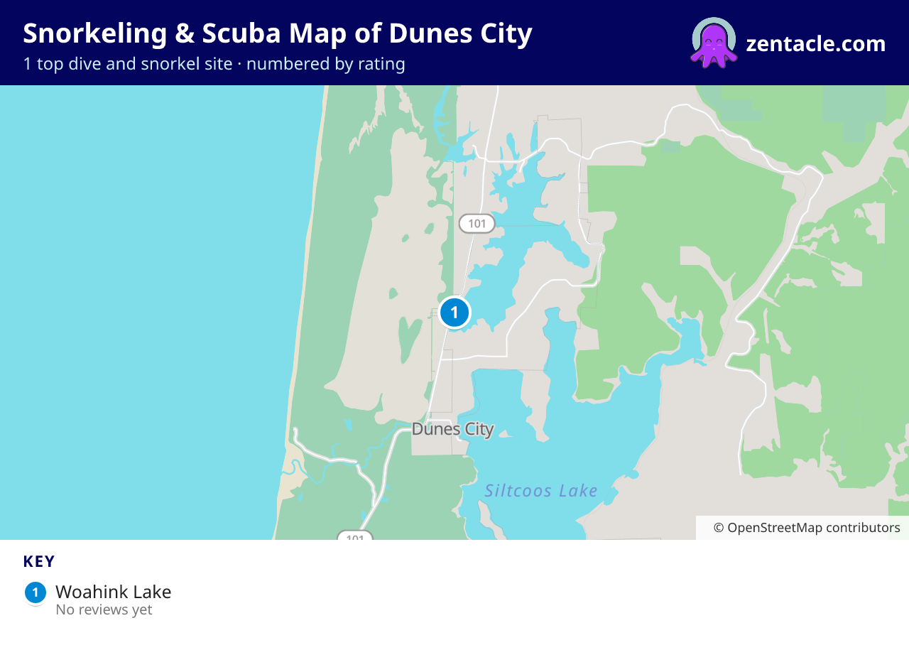 Snorkeling & Scuba Map of Dunes City: numbered map of the top 1 dive and snorkel sites, with ratings