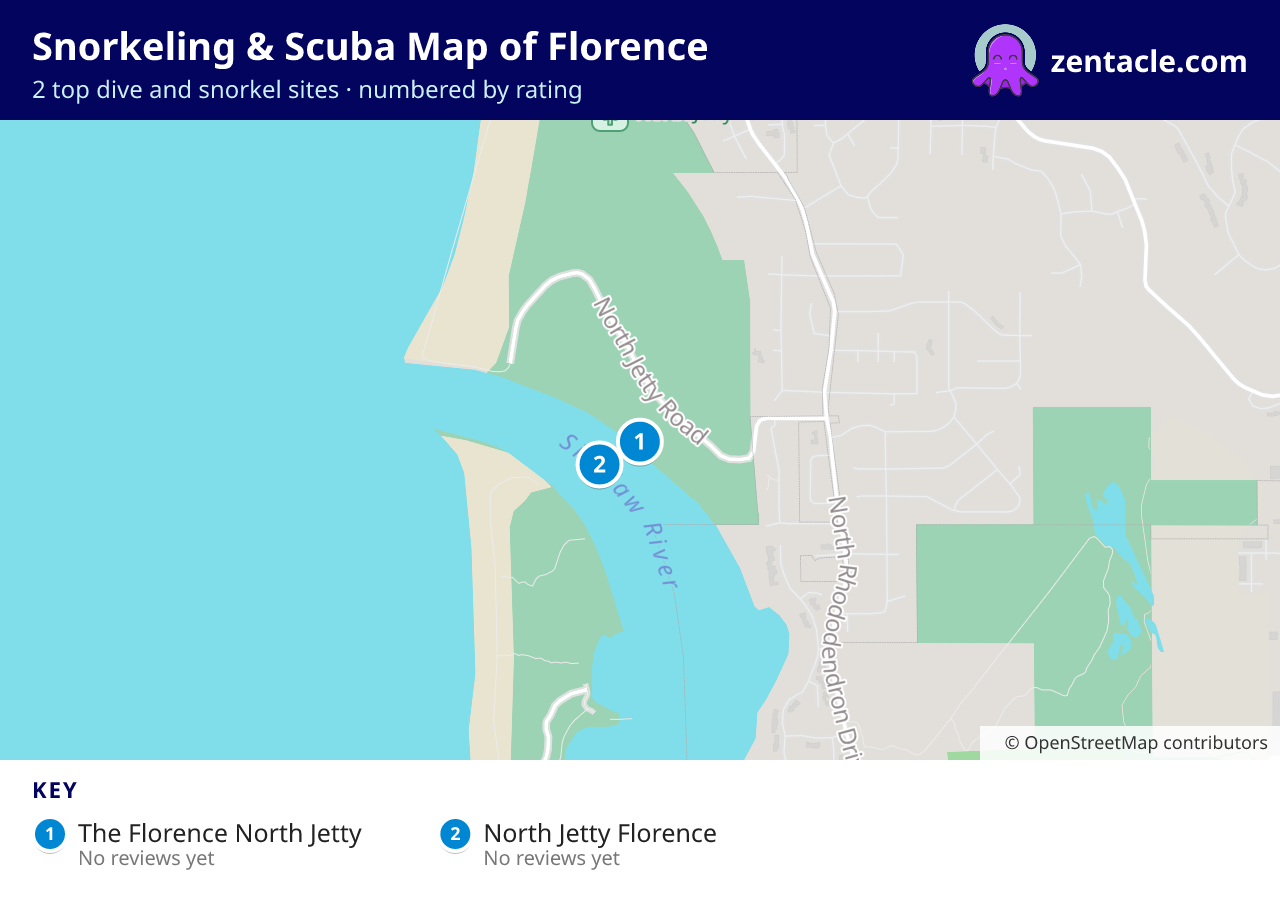 Snorkeling & Scuba Map of Florence: numbered map of the top 2 dive and snorkel sites, with ratings