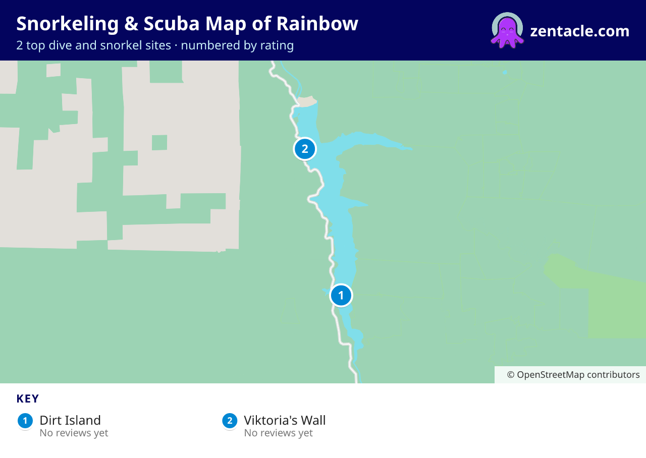 Snorkeling & Scuba Map of Rainbow: numbered map of the top 2 dive and snorkel sites, with ratings