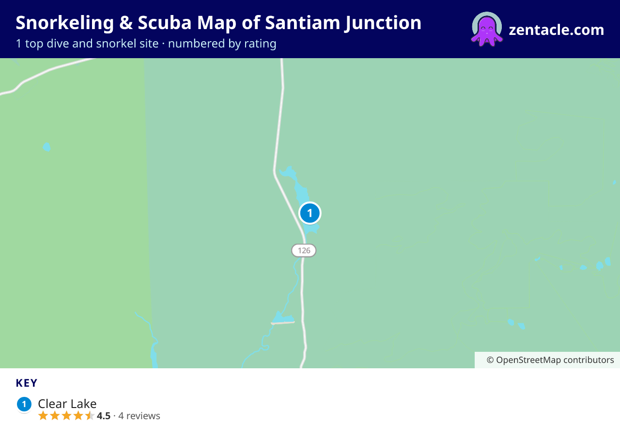 Snorkeling & Scuba Map of Santiam Junction: numbered map of the top 1 dive and snorkel sites, with ratings