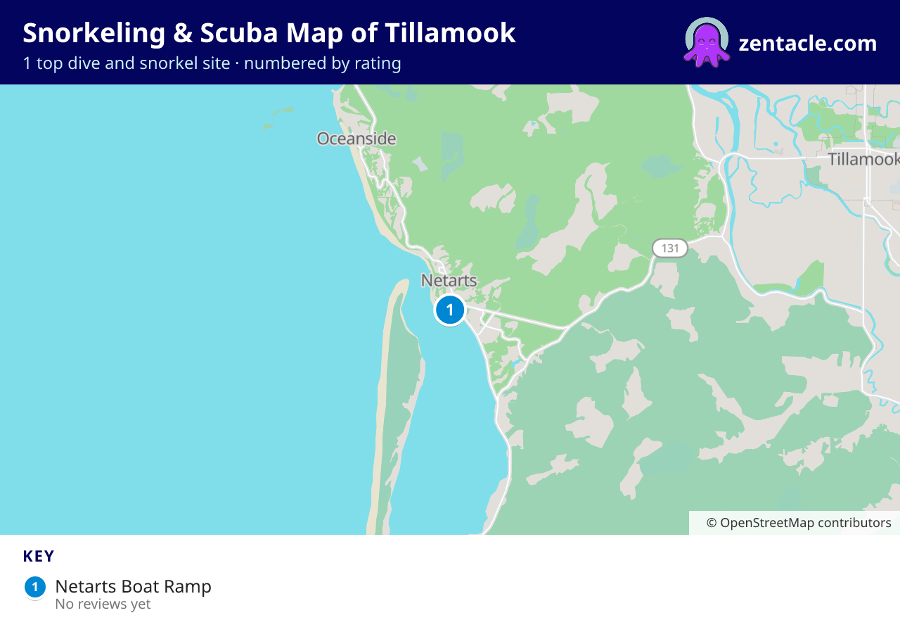Snorkeling & Scuba Map of Tillamook: numbered map of the top 1 dive and snorkel sites, with ratings