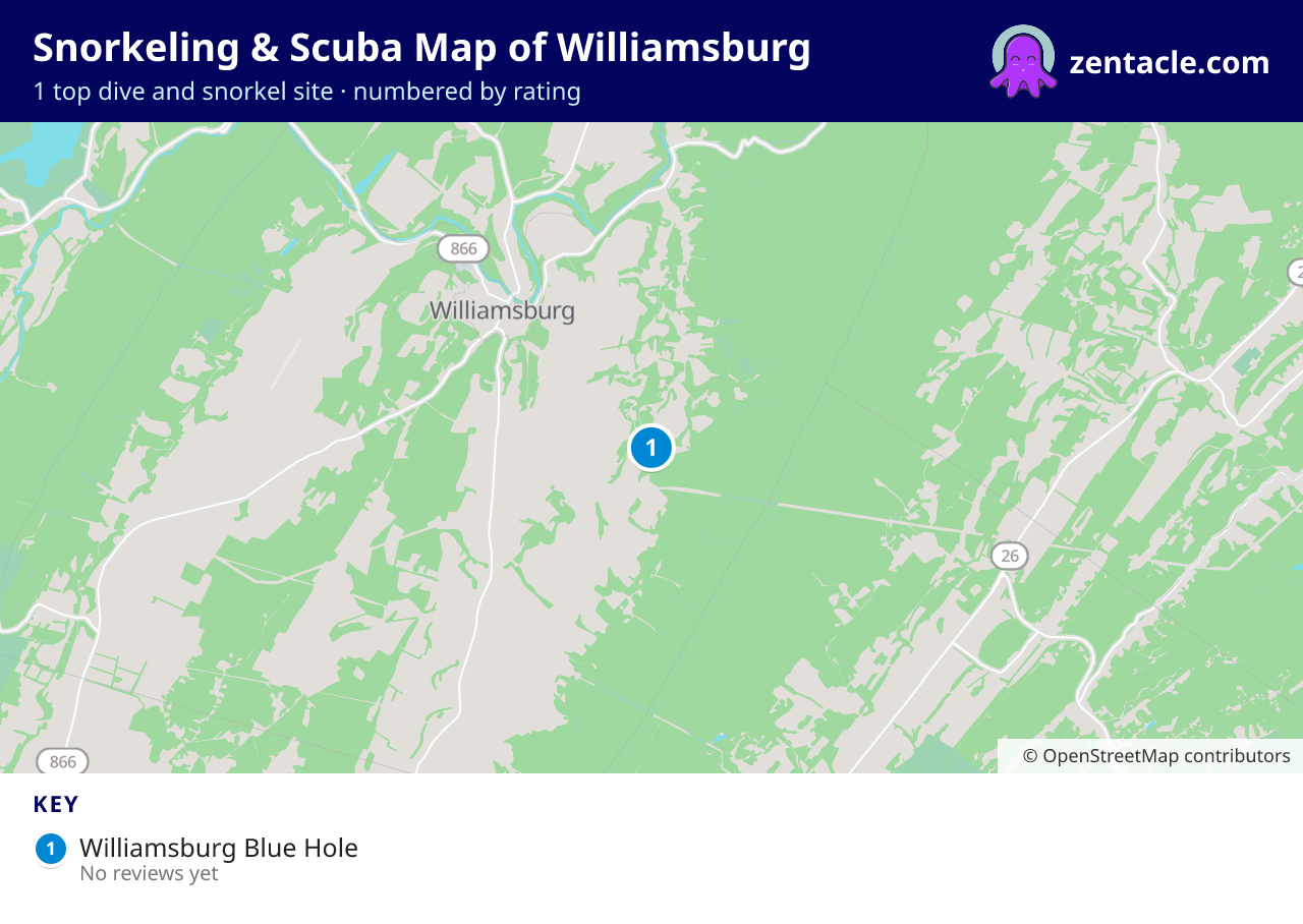 Snorkeling & Scuba Map of Williamsburg: numbered map of the top 1 dive and snorkel sites, with ratings