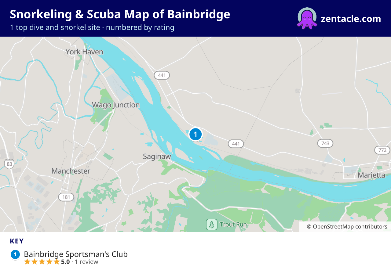 Snorkeling & Scuba Map of Bainbridge: numbered map of the top 1 dive and snorkel sites, with ratings